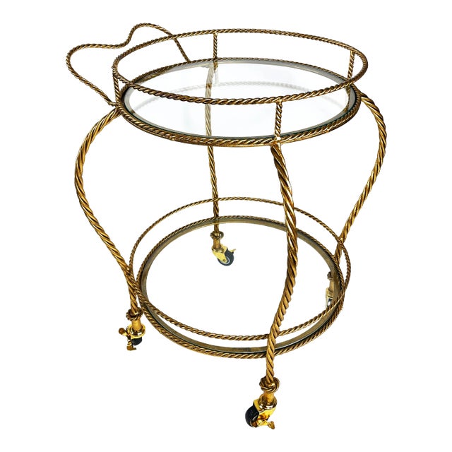 1960s Italian Gilt Iron Rope Bar Cart With Glass Shelves For Sale