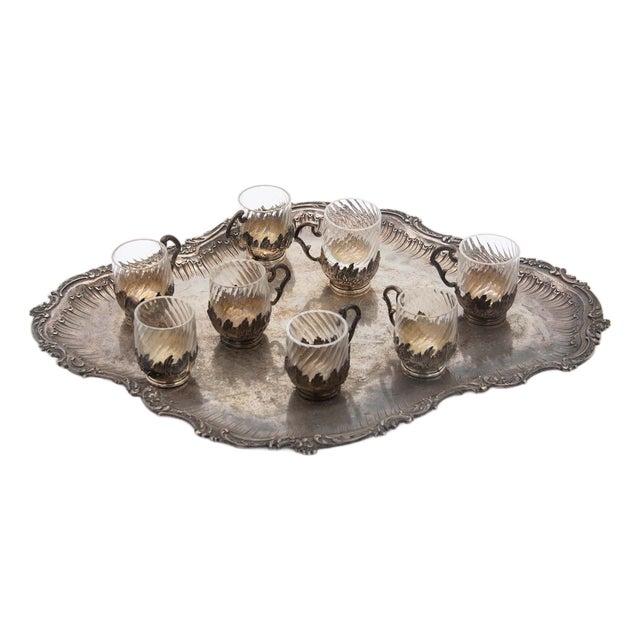 Silver and Glass Cups with Tray, Set of 8 For Sale