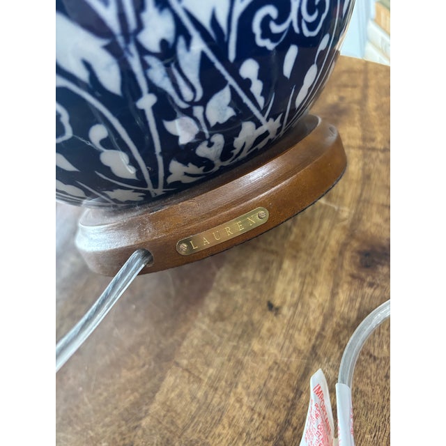 Contemporary Ralph Lauren Blue and White Cobalt Ikat Ginger Jar Lamps With White Line Shades - a Pair For Sale - Image 6 of 10