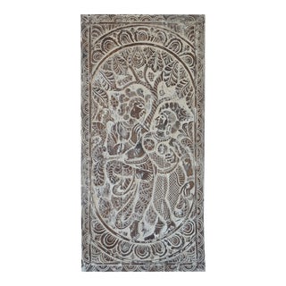 Vintage Wood Radha Krishna Custom Barndoor, Whitewash Handcarved Yoga Sculpture For Sale