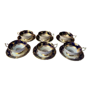 Vintage Paragon Double Warrant Cobalt Blue and Gold Cup and Saucer Set- 12 Pieces