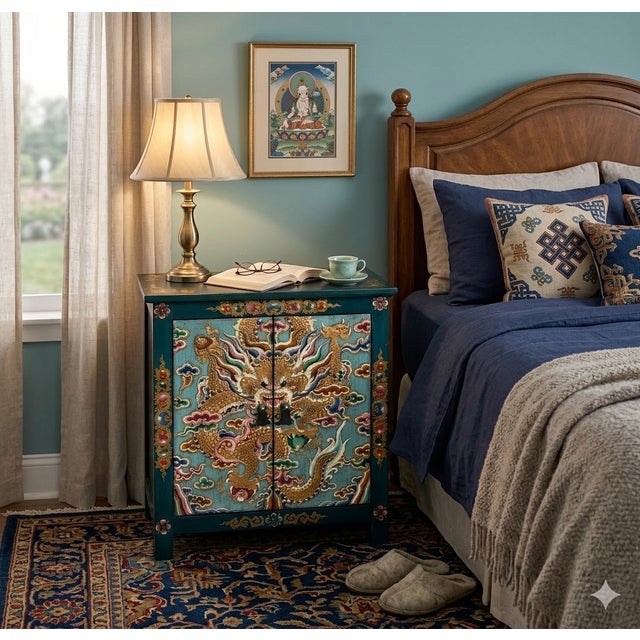 Tibetan Oriental Teal Blue Aqua Dragon Head Graphic End Table Nightstand For Sale - Image 14 of 15