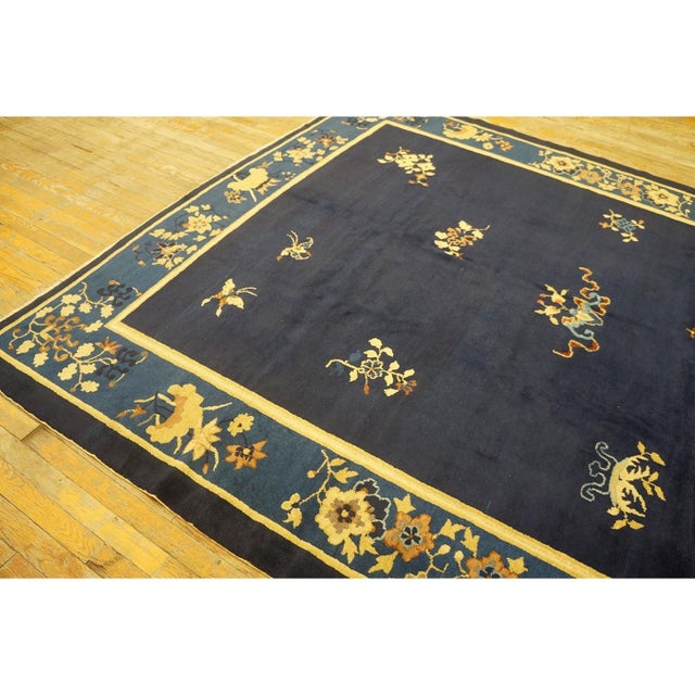 Navy Blue 1920s Floral Chinese Square Peking Antique Navy Blue Allover Knotted Wool Rug For Sale - Image 8 of 10