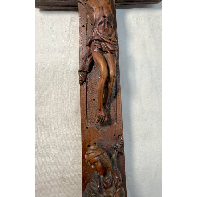 18th Century Antique 1700's Hand Carved Wood Religious Jesus Christ Crucified Cross Sculpture For Sale - Image 5 of 14