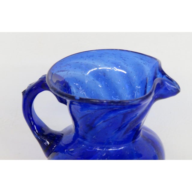 Mid 20th Century Hand Blown Art Glass Mini Pitcher Small Creamer Cobalt Blue Swirl Pattern For Sale - Image 4 of 15