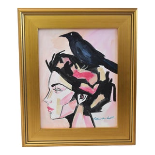 Woman Portrait W/ Black Crow Painting Including the Antiqued Gold Wood Frame For Sale