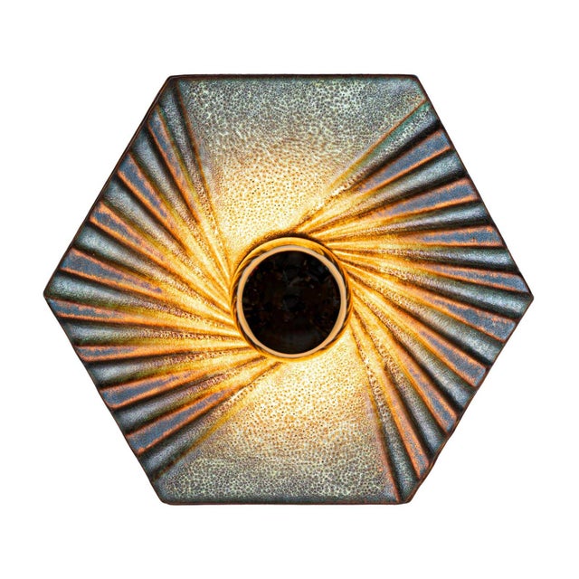 Mid-Century Modern Hexagonal Wall Lamps in Blue, Green and Golden Ceramic from Hustadt Leuchten, Germany, 1970s, Set of 3 For Sale - Image 3 of 12