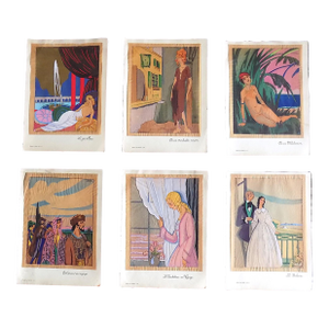 Early 20th C. Art Deco Watercolor Pochoir Images by Monier to Illustrate Baudelaire's "Les Fleures De Mal" - Set of 6
