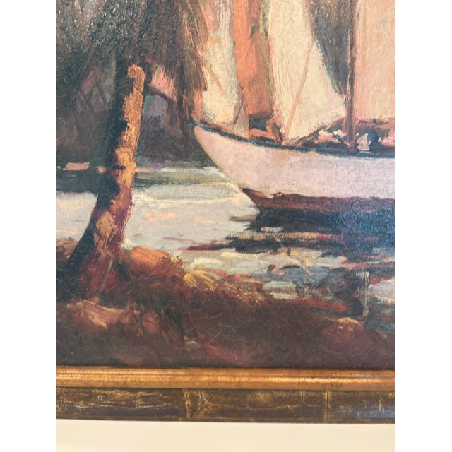Paper Vintage Coastal Sailboat Wall Art Giclee on Board in Gilt Faux Bamboo Frame For Sale - Image 7 of 13