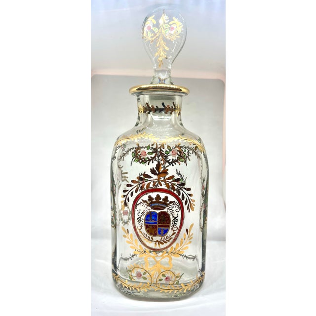Gold Crystal Perfume Bottle With Its Flower Stopper and Heraldic Coat of Arms 1850 France For Sale - Image 8 of 12