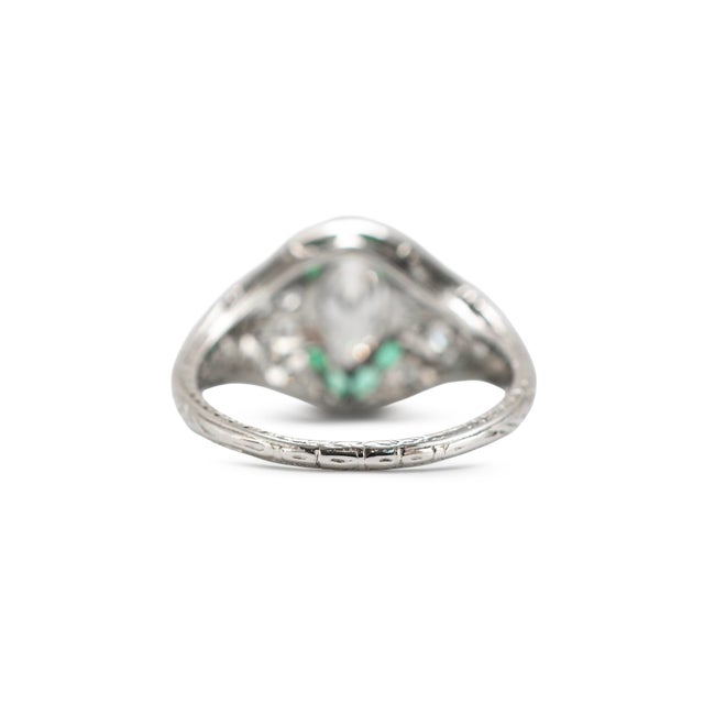 Early 20th Century Antique Art Deco Platinum 0.97ctw Marquise Diamond Halo Emerald Engagement Ring, Size 5 For Sale - Image 5 of 9