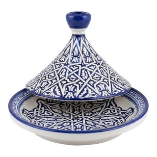Handcrafted Moroccan Fes Ceramic Geometric Tagine With Finial - 11" Dia. For Sale