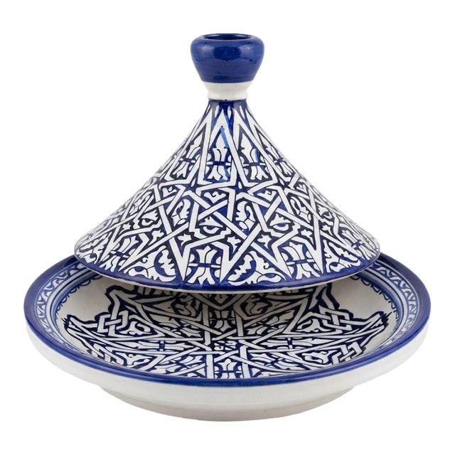 Handcrafted Moroccan Fes Ceramic Geometric Tagine With Finial - 11" Dia. For Sale