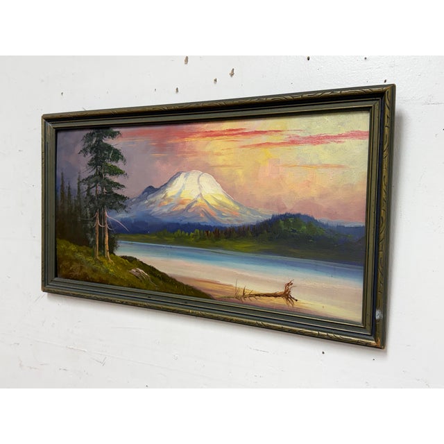 Design Plus Gallery presents a Vintage Mount Rainier Oil Painting by D. Hill. This vintage oil painting depicts Mount...
