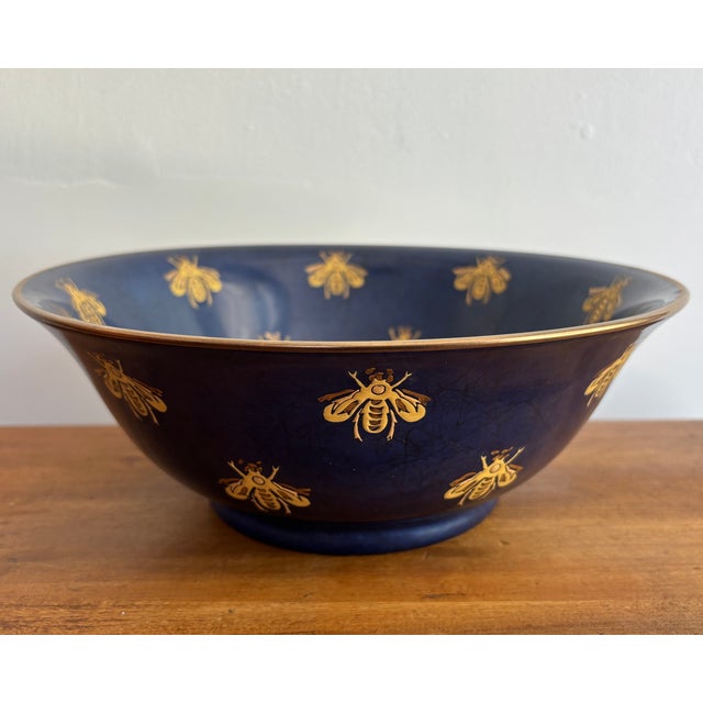 1990s Porcelain Gold and Navy Blue Bee Bowl For Sale - Image 6 of 6