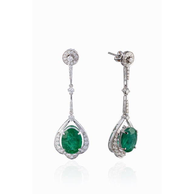 Green Natural Zambian Emerald Earrings With Diamonds and 14k Gold For Sale - Image 8 of 8