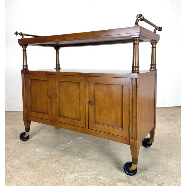 Wood Mid Century Era Regency Rolling Bar Cabinet / Cart / Server For Sale - Image 7 of 12