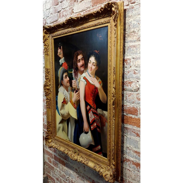 Giuseppe Galli -Two Men Seducing a Mistress W/Red Wine-19th C. Oil Painting For Sale - Image 10 of 12