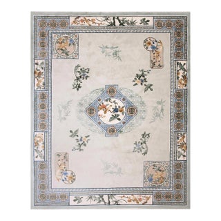 1980s Gray Floral Medallion Vintage Chinese Silk Rug 8'2" X 10'2" Handknotted Wool Carpet For Sale