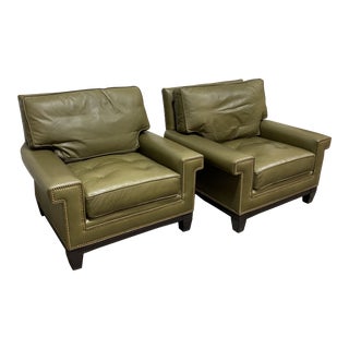 Swaim Olive Leather Club Chairs - a Pair For Sale