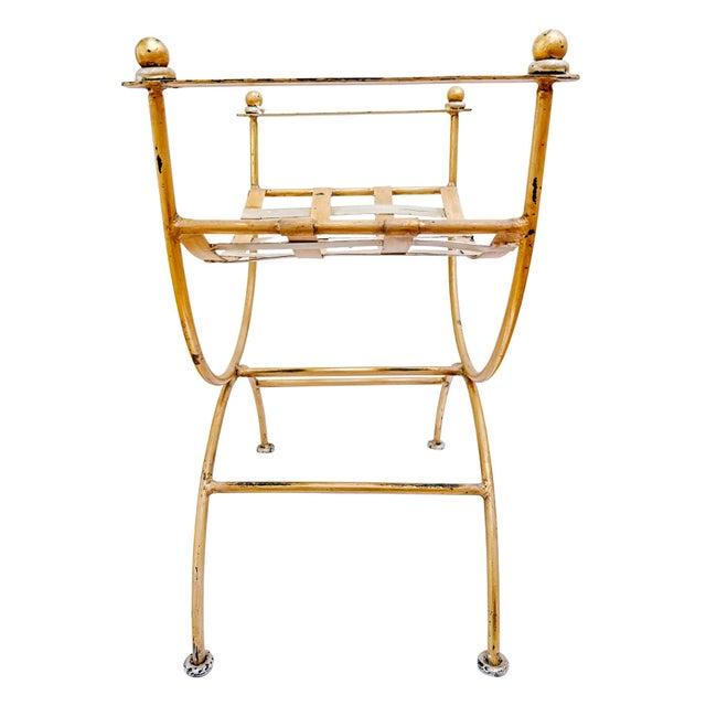 Early 20th Century Italian Hollywood Regency Gilded Wrought Iron Curule or Savonarola Vanity Stool For Sale In San Diego - Image 6 of 8