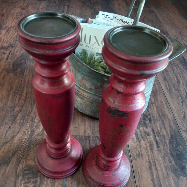1980s Vintage Rustic Style Red Distressed Wood Pillar Candle Holders Wood - a Pair For Sale - Image 5 of 7