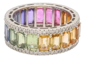 Natural 8.19 cts rainbow sapphire & 0.59 cts diamond band ring in 18k gold