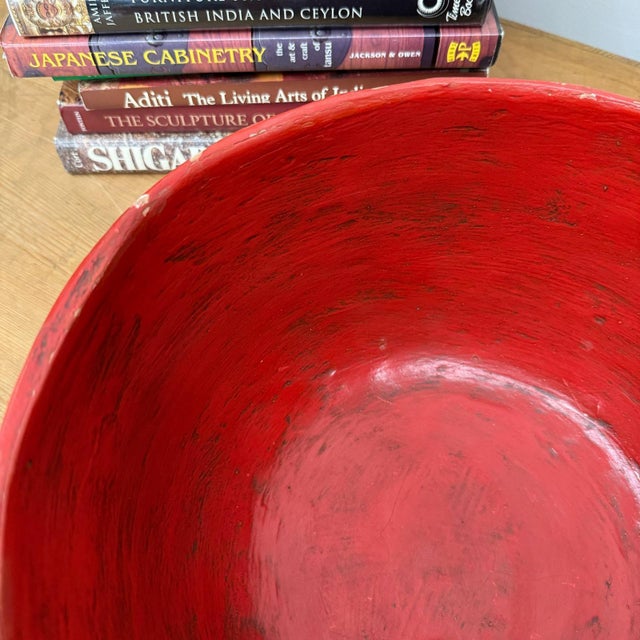 Red Large Red Lacquer Bowl with Textured Surface For Sale - Image 8 of 9