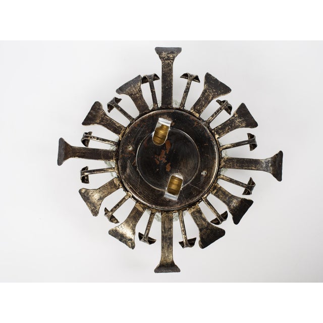 Metal 1950s Spanish Brutalist Flush Mount Ceiling Light – Silvered Wrought Iron & Heavy Embossed Glass For Sale - Image 7 of 14