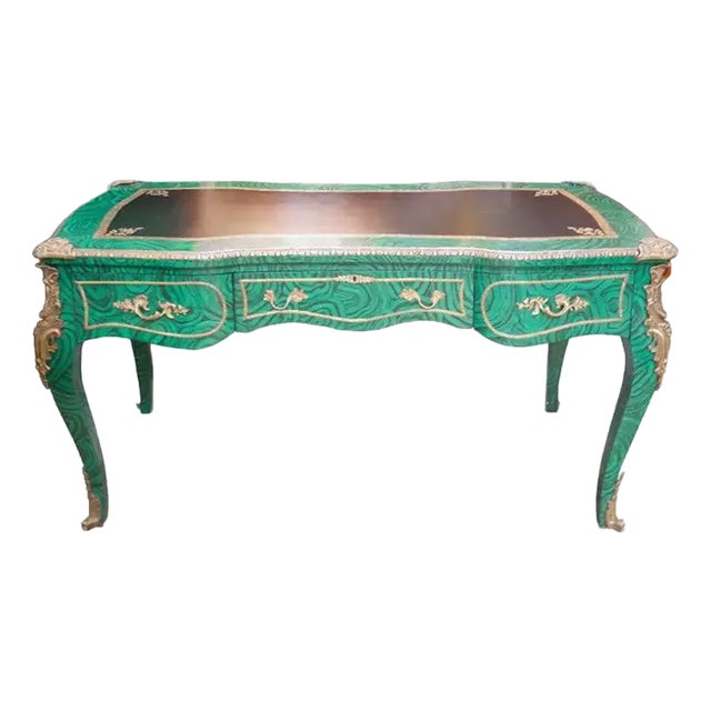 Antique Faux Malachite Bronze French Desk For Sale