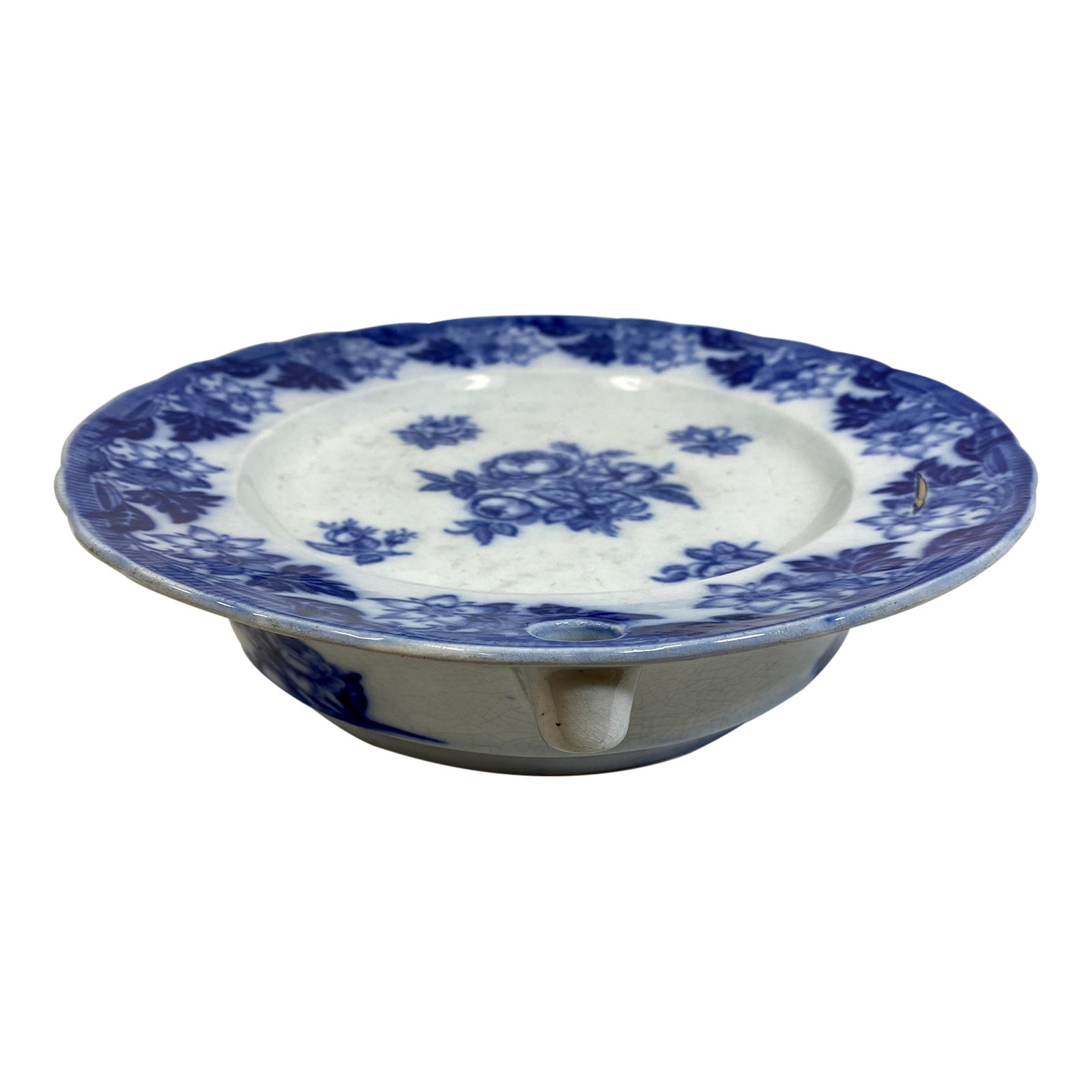 Antique Flow Blue Hot Water Warming Plate Decorated With Floral