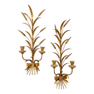Pair of 1960s Italian Gilt Tole Wheat Sheaf Candle Sconces For Sale