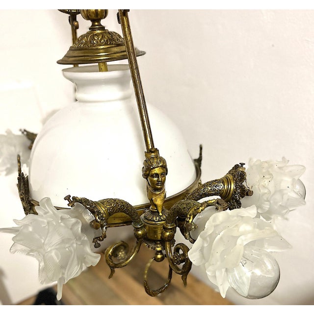 Antique Brass and Glass 7-Light Chandelier from H. Luppens Bruxelles, 1920s For Sale - Image 4 of 10