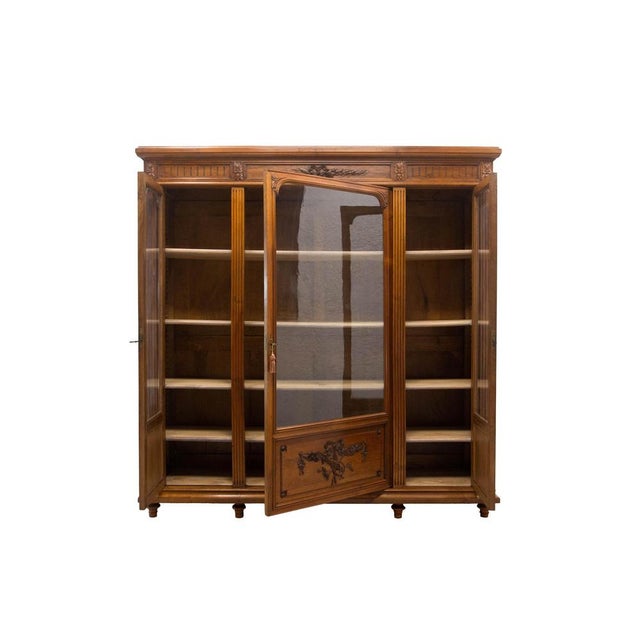 French Louis XVI Oak and Walnut Three Doors Vitrine Bookcase, 1900 For Sale - Image 14 of 18