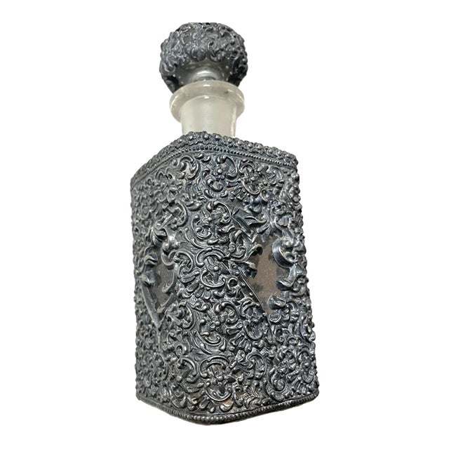 Antique Ornate Reticulated Perfume Cologne Metal Glass Silverplate Bottle Scent For Sale