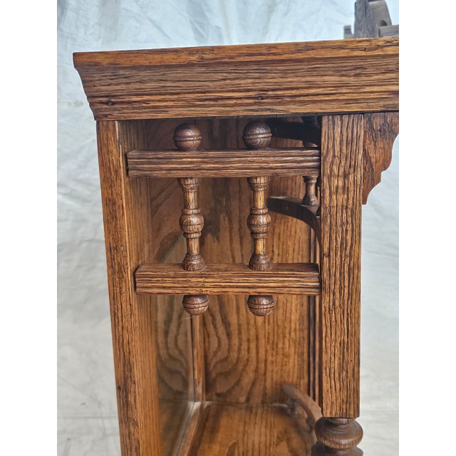 Antique 1890s Tiger Oak Over Mantel With Bowed Glass Cabinet & Beveled Mirrors For Sale - Image 15 of 17
