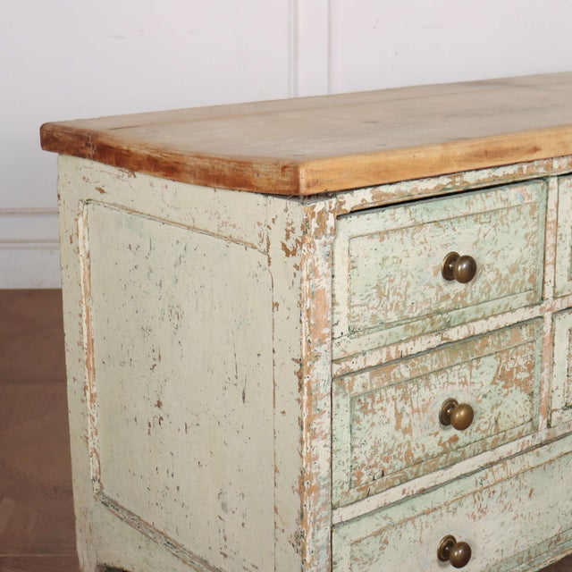 Stunning 19th century English country house dresser base with a thick scrubbed sycamore top and original paint finish....