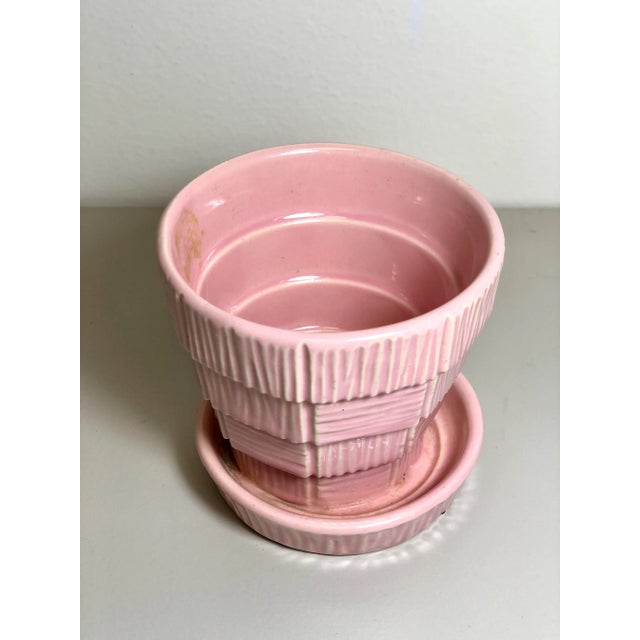 McCoy Pottery 1940s - 1960s "Pink" Mid Century Flower Pot And Attached Saucer Bark Basket Weave Design, Extra Small, Pink...
