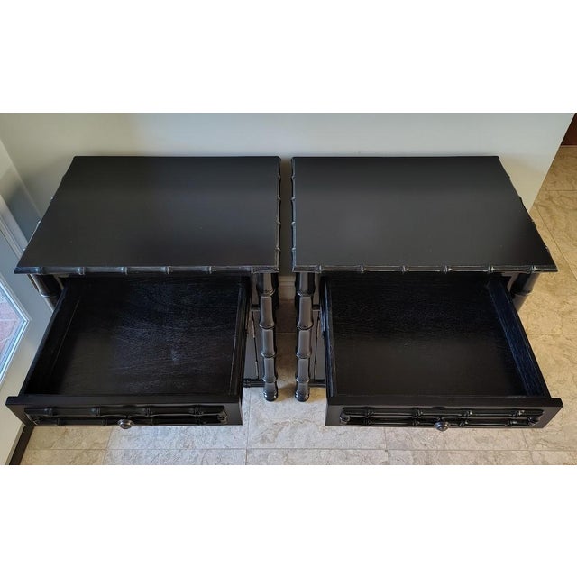 Chinoiserie A Pair of Faux Bamboo Nightstands Black For Sale - Image 3 of 11