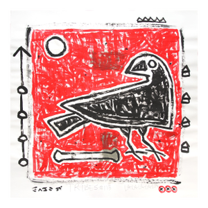 Crow and Bone - Original Red Black Pop Art Bird Painting by Gary John