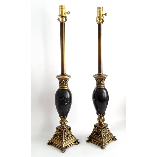 Lamps Maitland Smith Black Marble Pair & Silk Shades For Sale - Image 9 of 12