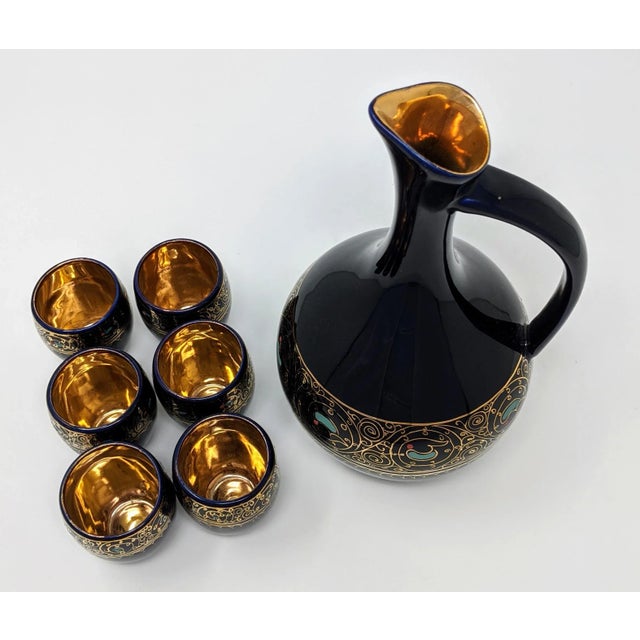 Vintage 1980s Regency Navy Blue and Gold Carafe & Shot Glass Set - 7 Pieces For Sale - Image 4 of 13