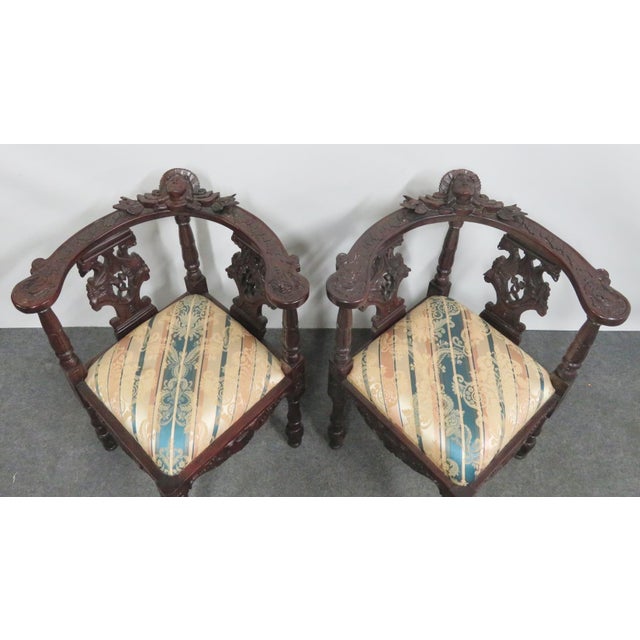 Victorian Style Mahogany Figural Carved Corner Chairs - a Pair For Sale - Image 4 of 8