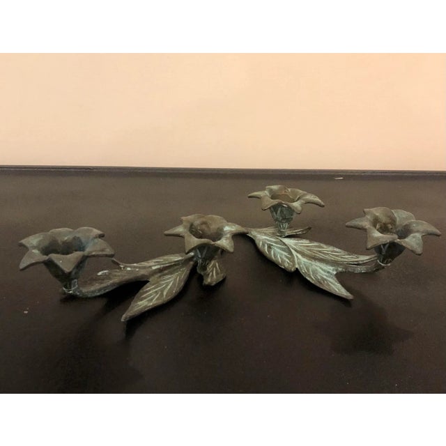 Bronze Antique Verdigris Bronze Flower Candle Holders - a Pair For Sale - Image 8 of 8