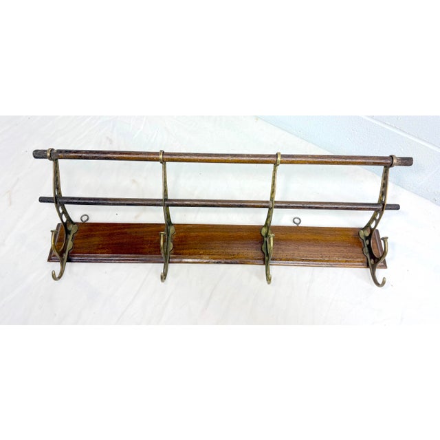 19th Century Antique Wall Mount Brass Wood Bathroom Hallway Towel Coat Hat Wall Hook Hanger For Sale - Image 5 of 8