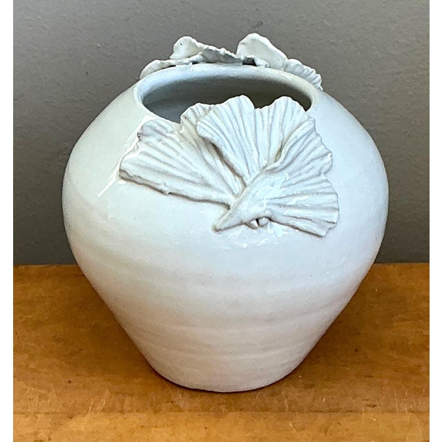 Ceramic Vintage Kass O'Brien White Ceramic Vase With Ginko Leaf Motif For Sale - Image 7 of 13