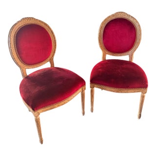 Ruby Red Pair French Velvet Silk Fabric Trim Custom Accent Chairs For Sale