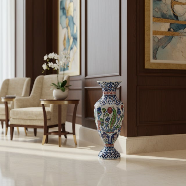 Handmade Ceramic Grand Palace Vase (50cm) Imperial Rumi Patterns and Mixed Florals Pedestal Urn Form For Sale - Image 6 of 12