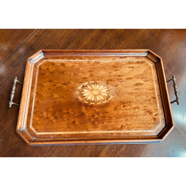 Gorgeous 1900’s Antique Serving Tray, English, Mahogany With Hand Painted Design at Center. 20”x13.5” Brass Handles For Sale - Image 12 of 12