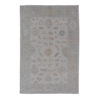 Large Oushak Rug With Floral Motifs & Muted Colorful Tones on Neutral Background For Sale